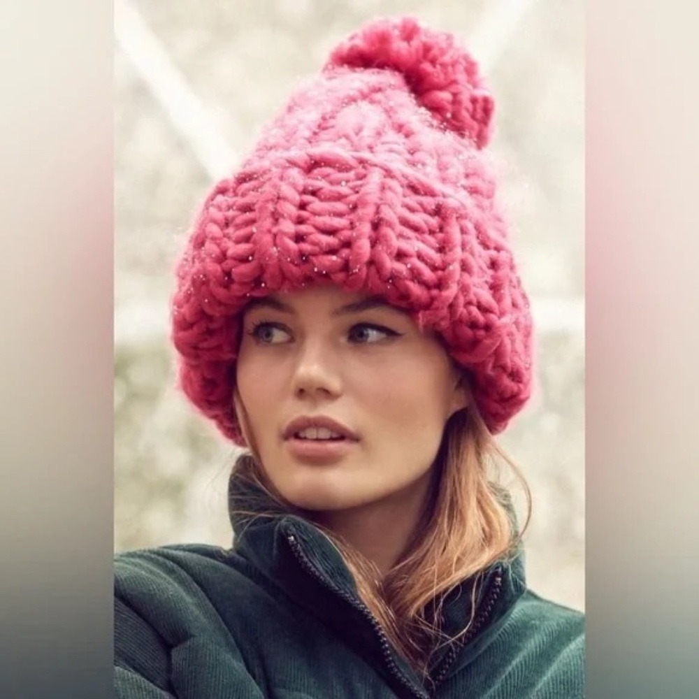 Urban Outfitters Pink Chunky Knit Pom Pom Beanie